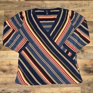 VTG Chaps Denim Ralph Lauren Serape Stripe Faux Wrap Sweater 100% Cotton Size XL